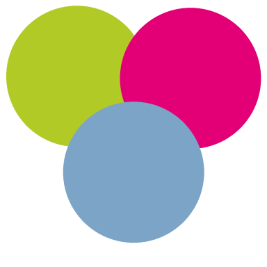 Drei überlappende Kreise in grün magenta und blau